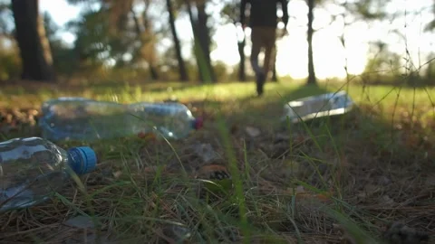 Plastic bottle discarded in the forest as blurred silhouette walks away, highlig Stock Footage 295221458