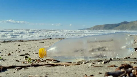 Plastic bottle discarded on pollution contaminated sea coast,environment waste Stock Footage 166650362