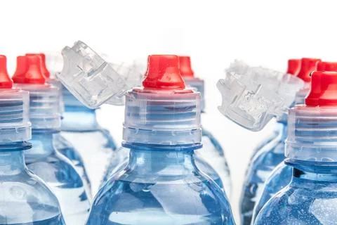 Plastic bottle of drinking water isolated on white Foto stock