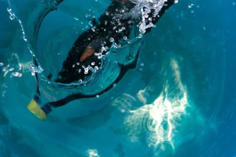 Plastic bottle falling into the water making splashes and spraying drops Foto stock