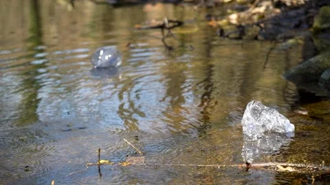 Plastic bottle floating in a river Stock Footage 236881945