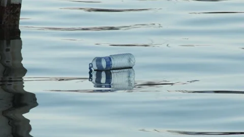 Plastic bottle floating on water surface causing environmental pollution Stock Footage 345741402