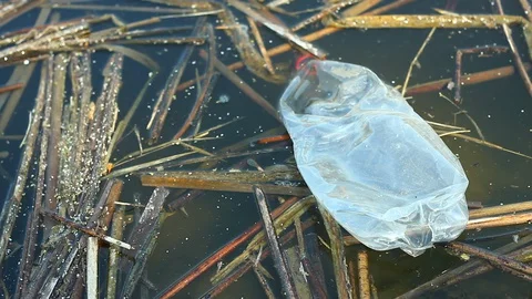 Plastic bottle floats in the river, close up.  Video stock 127704337