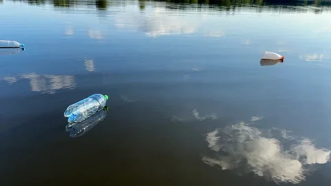 Plastic bottle garbage on sea shore lake. Stock Footage 251526791