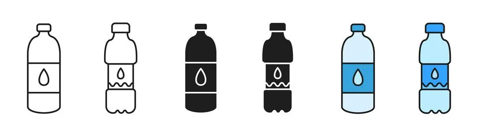 Plastic bottle icon set. Water bottle, mineral container line and silhouette 库存插图