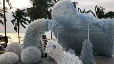 Plastic bottle installation symbolizing pollution of coast and water in Thailand 스톡 동영상 122363273