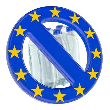 Plastic bottle multipack behind EU style prohibition sign, representing ban.. Stock Illustration