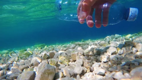 Plastic bottle in the ocean captures issue of underwater pollution Video stock 338407366