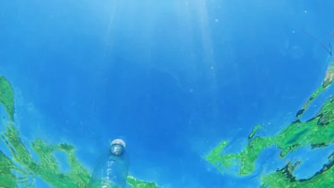 Plastic bottle in ocean highlights single use plastic pollution Video stock 338407197