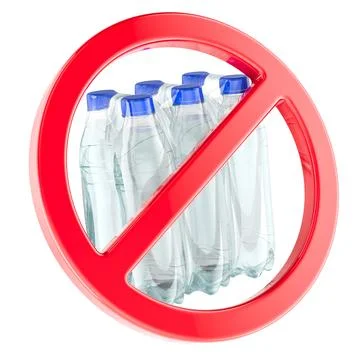 Plastic bottle packaging ban with red prohibition sign. 3D rendering Stock Illustration