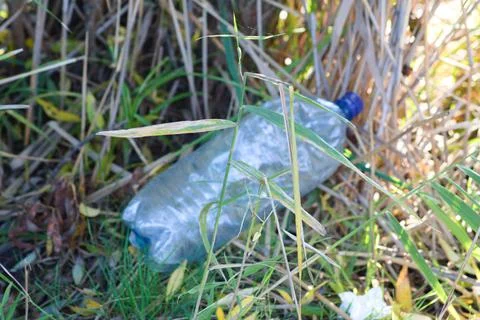 Plastic bottle polluting the nature closeup with selective focus on foregroun Foto stock