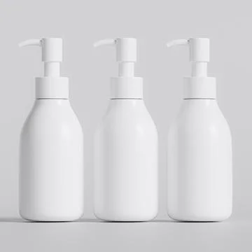 Plastic bottle pump white color, realistic 3D render illustration on gray ba Stock-Illustration