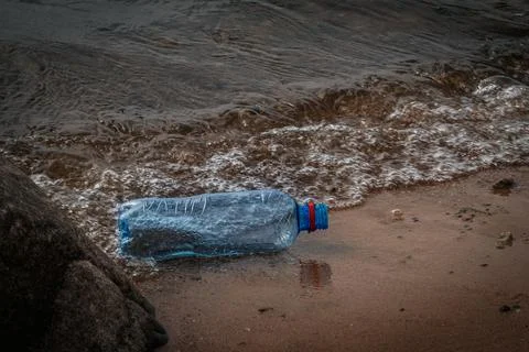 A plastic bottle by the rocks on the seashore. Garbage on the seashore Fotos Stock