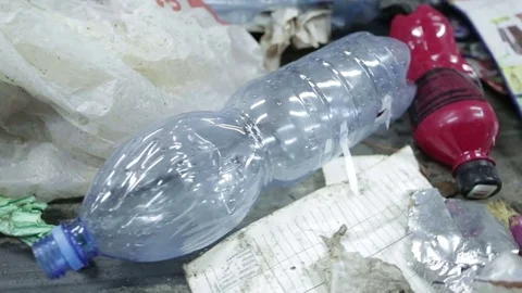 Plastic bottle on the sorting conveyor. Waste sorting. Recycling waste Stock Footage 70353866