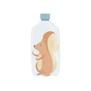 Plastic bottle with squirrel animal inside, global environmental problem Illustrazione stock