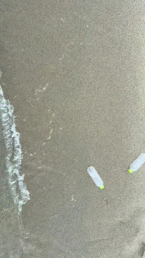 Plastic bottle tossed onto sandy beach near ocean waves, plastic pollution Video stock 337411945