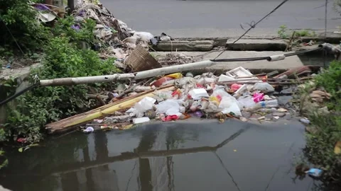 Plastic bottle waste pollutes river water. Stock Footage 323049126