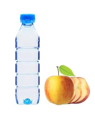 Plastic bottle with water and apple with green leaf isolated on white Photos