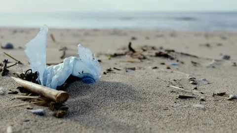 Plastic bottle on windy sea coast over blur waves background,zoom out 4k Stock Footage 120903489