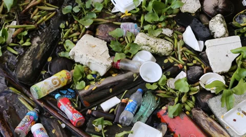 Plastic bottles and containers floating among water in Bangkok, Thailand Stock Footage 38501663