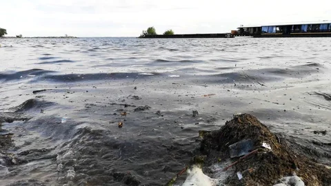 Plastic bottles and glasses on the sandy beach. Dirty water in which zllichny ga Stock Footage 108058047