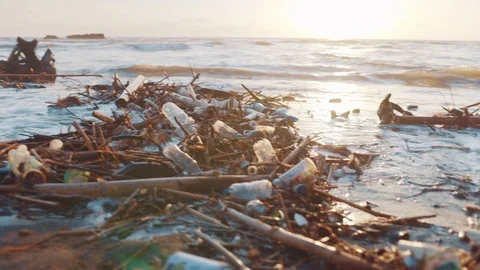 Plastic bottles and other garbage dumped on black beach. Environmental pollution Vidéo 98682209