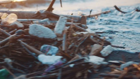 Plastic bottles and other garbage dumped on black beach. Environmental pollution Stock Footage 98870733