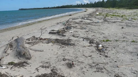 Plastic Bottles and Other Garbage Pollution Washed Up On Beach, Madagascar Stock Footage 125356454