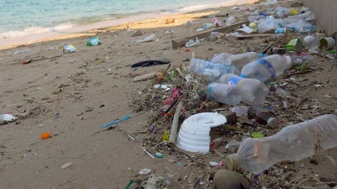 Plastic Bottles and Trash on Beach - Pollution of Environment Stock Footage 127934783
