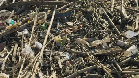 Plastic bottles and various trash items on dry seabed background Stock Footage 293614187