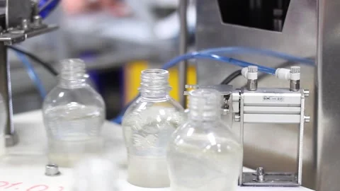 Plastic bottles are filled with clear liquid on a conveyor belt at a factory Stock Footage 134198763