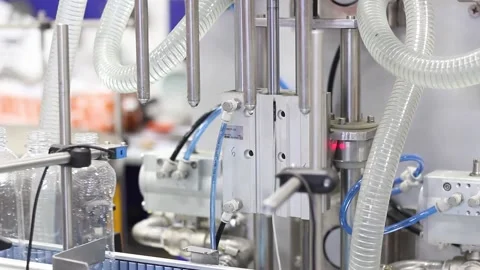 Plastic bottles are filled with clear liquid on a conveyor belt at a factory Stock Footage 134198900