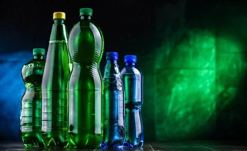 Plastic bottles of assorted carbonated soft drinks. Stock Photos
