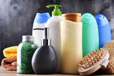 Plastic bottles of body care and beauty products. Stock Photos