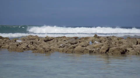 Plastic Bottles Caught On Coral Between Lagoon And Ocean Surf Stock Footage 345092396