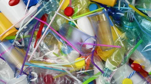 Plastic bottles, containers and other plastic waste prepared for recycling Stock Footage 134417334