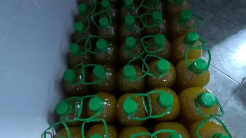 Plastic bottles filled with fresh olive oil arranged for packaging and Stock Footage 345654939