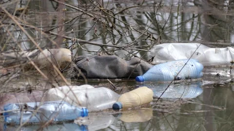 Plastic bottles float in the water. Stock Footage 153375821
