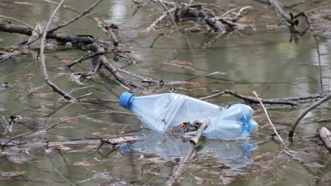 Plastic bottles float in the water. Stock Footage 153375824