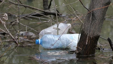 Plastic bottles float in the water. Stock Footage 153375827