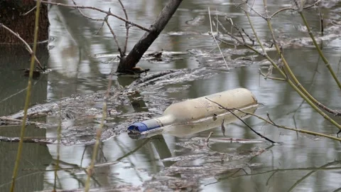 Plastic bottles float in the water. Stock Footage 153375879