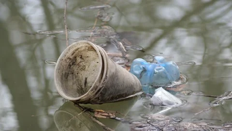 Plastic bottles float in the water. Stock Footage 153375880