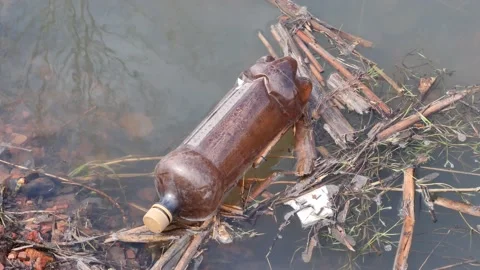 Plastic bottles float in the water. Stock Footage 153375923