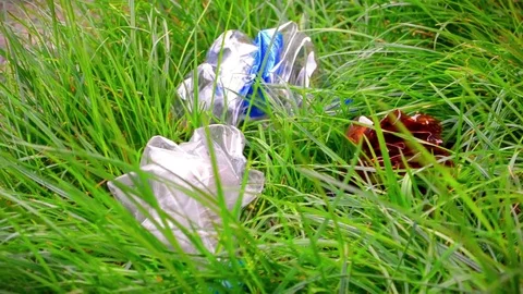 Plastic bottles, garbage lying in the grass, the concept of pollution of planet Stock Footage 106719652