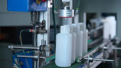 Plastic bottles going through pressing mechanical equipment, HDPE bottles. Stock Footage 246921732