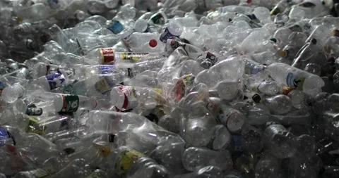 Plastic bottles with lids and labels sorted from other waste. Close-up. Vídeo Stock 156108297