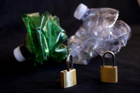 Plastic bottles with padlocks for ecology concept Stock Photos