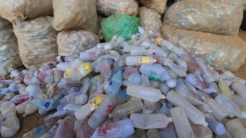 Plastic bottles piled up for recycling Stock Footage 123567734