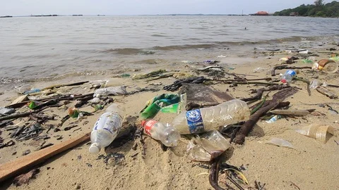 Plastic bottles pollute beach Stock Footage 91055164