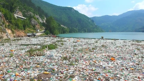 Plastic bottles in a polluted river water Stock Footage 91942158